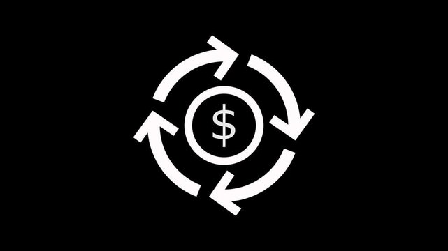Circular arrows indicating a continuous loop around a dollar sign symbol representing financial exchange or money circulation.Money dollar sign icon design animation on black background 4k animated.