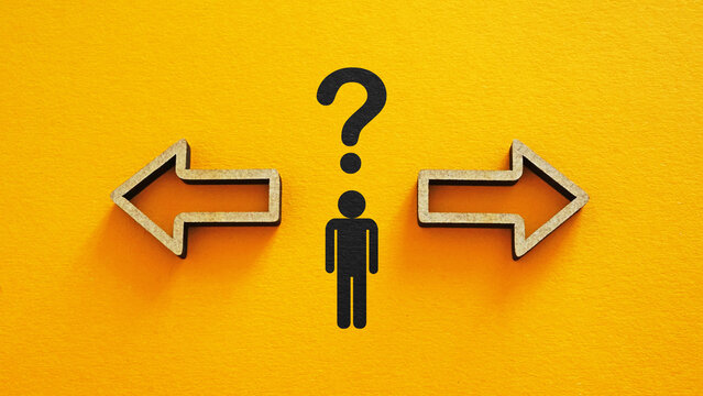 Decision making stress with overwhelmed person choosing between options, business dilemma, anxiety and mental pressure, difficult choice, problem solving, uncertainty and emotional tension at work