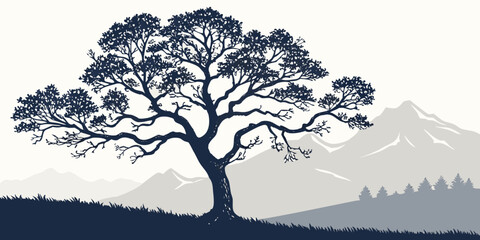 A majestic tree stands tall against a backdrop of distant mountains and rolling hills © Murad