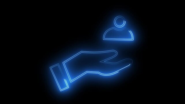 Neon glowing hand holding people icon animation on black background. Social care and protection concept.Glowing people on hand sign. blue color neon hand holding used .