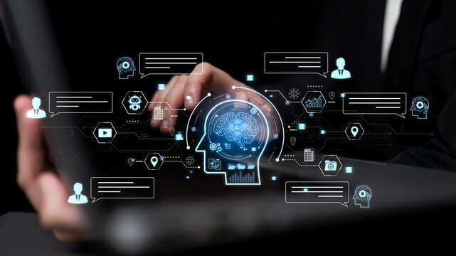 Artificial intelligence AI chat message concept linking users, knowledge base, search and analytics to provide automated NLP data support and informed business decisions, tech model training. Corpus