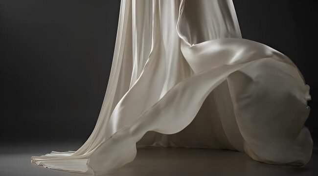 Dramatic flowing cream color fabric on a dark gray gradient background