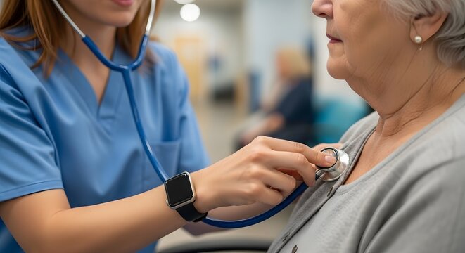 Professional nurse examining senior patient with stethoscope in modern hospital clinic, medical checkup concept, caring healthcare provider with elderly woman, diagnostic health exam, clinical