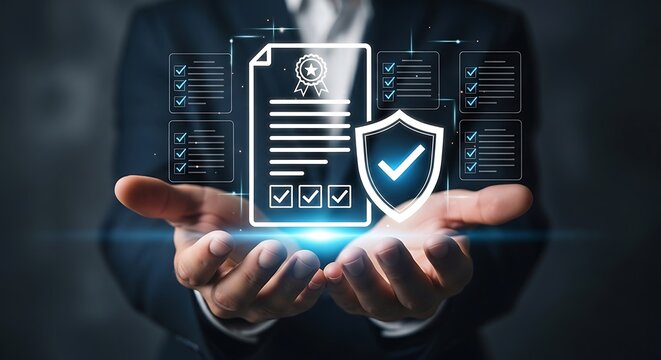 Man in suit holding glowing document and shield with checkmarks in hands