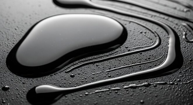 Abstract Macro Close-up of Viscous Black Liquid Drops and Streaks Flowing on Dark Textured Surface