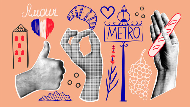 Set of retro collage elements with french culture elements, baguette, croissant, metro sign, flag, heart and lavender. Halftone hands in vintage style.