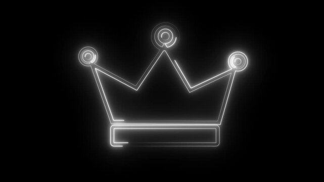 Abstract crown icon 4k animation with neon line frame. Neon Luxury crown outline on black background, glowing border looping king queen crown symbol.
