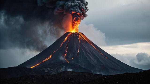 A volcano erupts with hot lava flowing out, great for scenes of natural disasters or apocalyptic settings