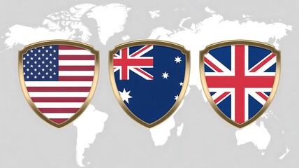 Naklejka premium National flags, country shields, USA, Australia, UK, gold border, world map background