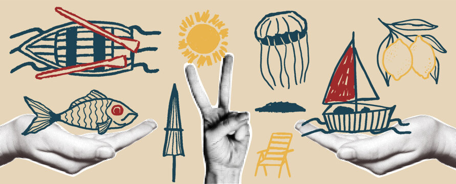 Set of retro collage elements with summer vacation elements, boat and fish, sun, lemon and beach doodle sketches. Halftone hands in vintage style.