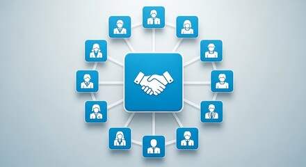 Fototapeta premium Business networking and partnership concept showing central handshake icon connected to various employee profile symbols in blue square buttons over clean grey background for corporate cooperation