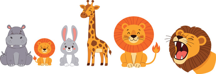 Cute Safari Animal Set with Hippopotamus Lion Cub Rabbit Giraffe and Roaring Lion Characters for Kids Nursery Design Wildlife Cartoon Vector Collection © MdMojnu