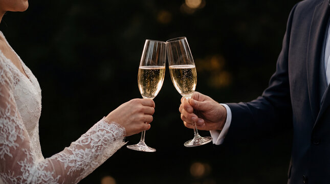 Brinde de casamento com ta&ccedil;as de champanhe celebra&ccedil;&atilde;o rom&acirc;ntica noivos eleg&acirc;ncia e comemora&ccedil;&atilde;o