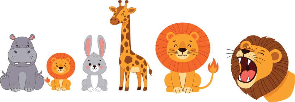 Cute Safari Animal Set with Hippopotamus Lion Cub Rabbit Giraffe and Roaring Lion Characters for Kids Nursery Design Wildlife Cartoon Vector Collection
