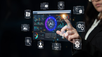 Fototapeta premium AI analytics turns data into insight for business planning, reporting, and decision support. Use AI analytics to monitor performance, automate analysis, and guide strategy. Corpus
