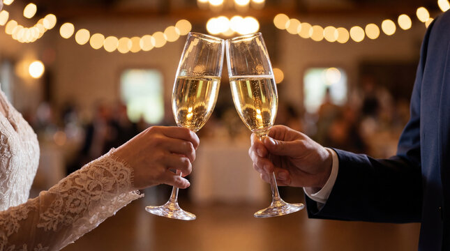 Brinde de casamento com ta&ccedil;as de champanhe celebra&ccedil;&atilde;o rom&acirc;ntica noivos eleg&acirc;ncia e comemora&ccedil;&atilde;o
