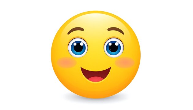 A vibrant yellow sphere with a smiling face, large blue eyes, rosy cheeks, and an open red mouth. Eyebrows arch