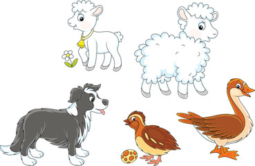 Fototapeta premium Vector cartoon set of a goose, a white sheep with a little lamb, a small partridge and a funny dog