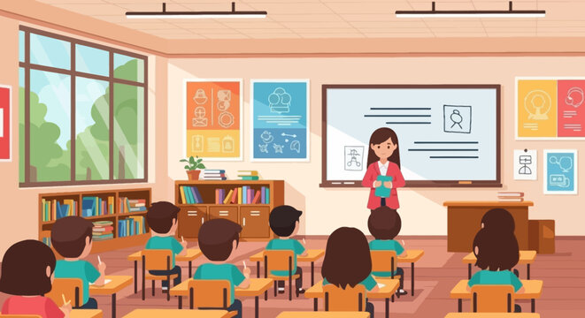 Teacher standing in classroom with students flat vector illustration school education learning scene interior
