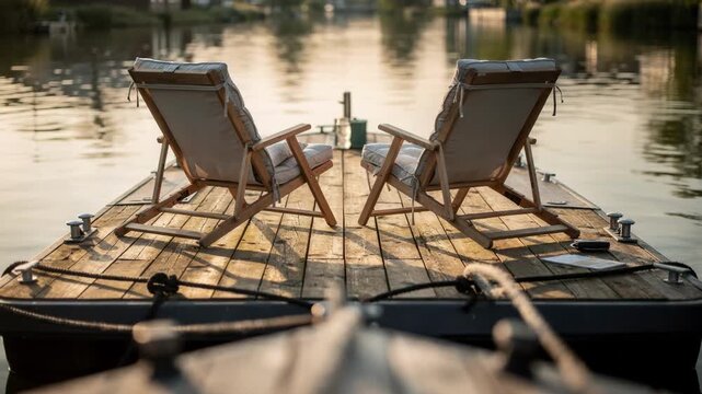 Medium shot of a floating houseboat accommodation with deck chairs on the wooden deck blurred water reflections and mooring ropes softly out of focus in a calm canal setting.