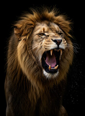 Fototapeta premium Majestic Male Lion Roaring Fiercely with Sharp Teeth and Thick Mane on a Dark Black Background, Powerful African Predator Displaying Strength and Dominant Wildlife Aggression