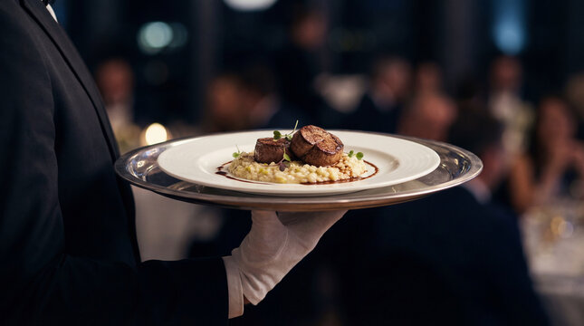 Prato sofisticado servido em evento elegante alta gastronomia servi&ccedil;o de luxo restaurante fino