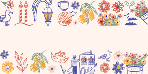 Italian travel doodle border with venice gondola, lemon, flower and carnival mask. Mediterranean vacation banner design © Aliaksandra