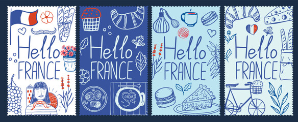 Hello france hand drawn travel postage stamp collection. French culture cards with traditional food, girl, bicycle and lavender. Vacation poster design © Aliaksandra