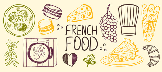 Hand-drawn french food and cuisine doodle illustration. Set featuring croissant, macaron, cheese and baguette, escargot and coffee. © Aliaksandra
