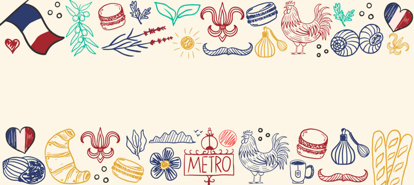 Hand drawn french culture doodle border with paris symbols like rooster, croissant, macaron, flag and metro sign. Travel background design