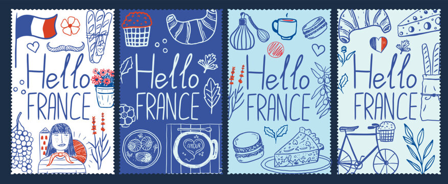Hello france hand drawn travel postage stamp collection. French culture cards with traditional food, girl, bicycle and lavender. Vacation poster design