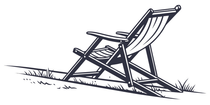A wooden deck chair with a striped cushion sits on a grassy lawn.