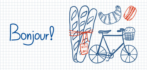 Hand-drawn french greeting bonjour illustration on grid paper with bicycle, baguette, croissant and macaron. Doodle travel vector elements © Aliaksandra