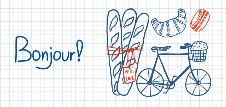 Hand-drawn french greeting bonjour illustration on grid paper with bicycle, baguette, croissant and macaron. Doodle travel vector elements