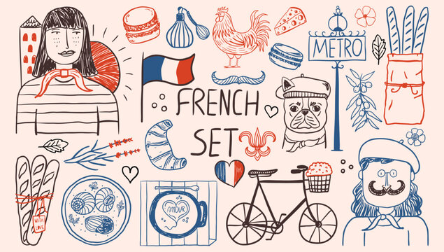Hand drawn french culture and travel doodle set. Parisian characters and traditional food, bulldog, bicycle, metro sign and coffee. Vacation poster design