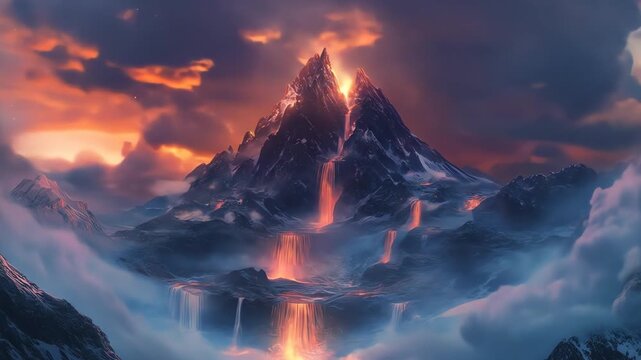 Dramatic mountain landscape with fiery sky and glowing waterfalls