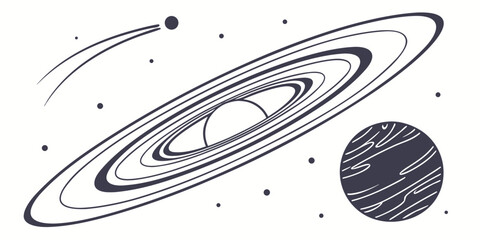 A detailed illustration of a planet with its rings and a moon in space © Mamun