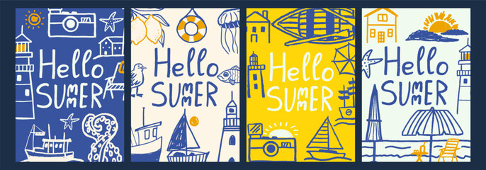 Hello summer poster collection with nautical seaside doodles. Hand-drawn cards set with boat, camera, lighthouse and ocean animals. Set of designs in a naive style © Aliaksandra
