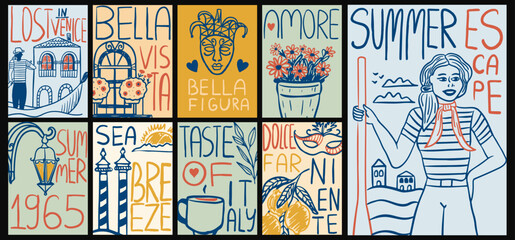 Obraz premium Retro hand drawn italian summer travel poster collection. Cards with venice gondola, carnival mask, espresso, lemons and handwritten text.