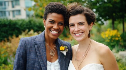 Smiling multiethnic lesbian couple posing the day of their wedding 
