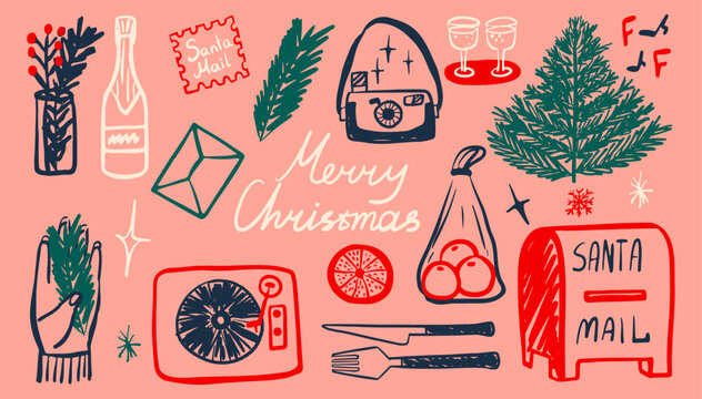 Festive hand drawn christmas set. Santa mailbox, retro camera, record player and holiday party decorations on pink background