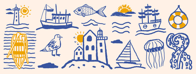 Collection of hand drawn doodle nautical elements with sailing boat, beacon, fish, gull, medusa, and octopus tentacle in minimal blue and yellow sketch style © Aliaksandra