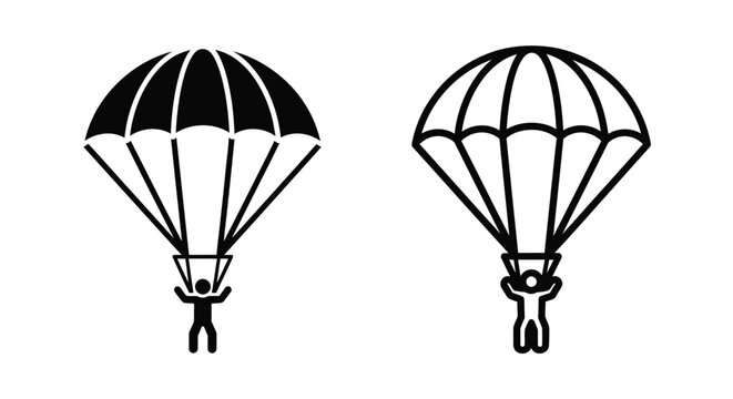 Two black and white icons depicting people skydiving with parachutes