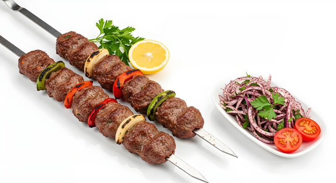 shish kebab on skewers with vegetables kebap turkish cuisine grilled meat beef white background