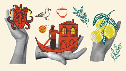 Venetian retro pop art collage illustration with  hands holding colorful Italian elements © Aliaksandra
