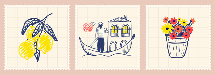 Set of three retro postage stamp with hand drawn colorful sketches of Italian lemons, Venetian gondola with house and potted flowers on grid background © Aliaksandra