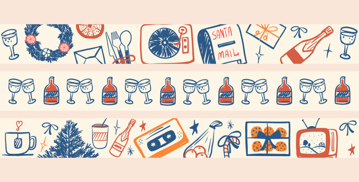 Set of horizontal seamless borders with retro Christmas doodles. 