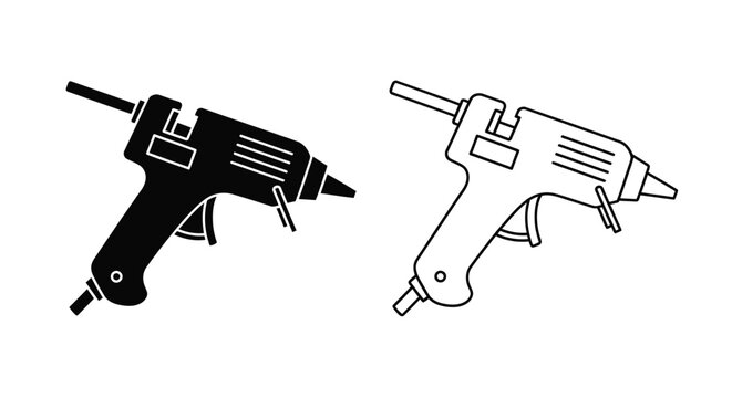 Two depictions of a hot glue gun in contrasting black and white