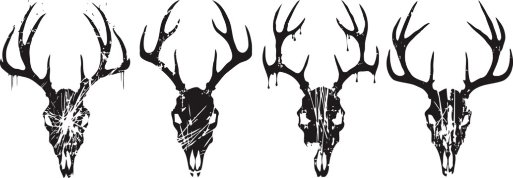 four black deer skull silhouettes with antlers in a row on white background