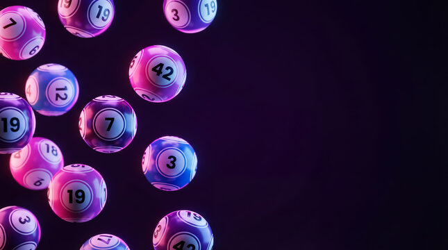 lottery balls pink blue gradient neon numbers jackpot winner gambling draw dark purple background horizontal copy space for casino game design banner concept